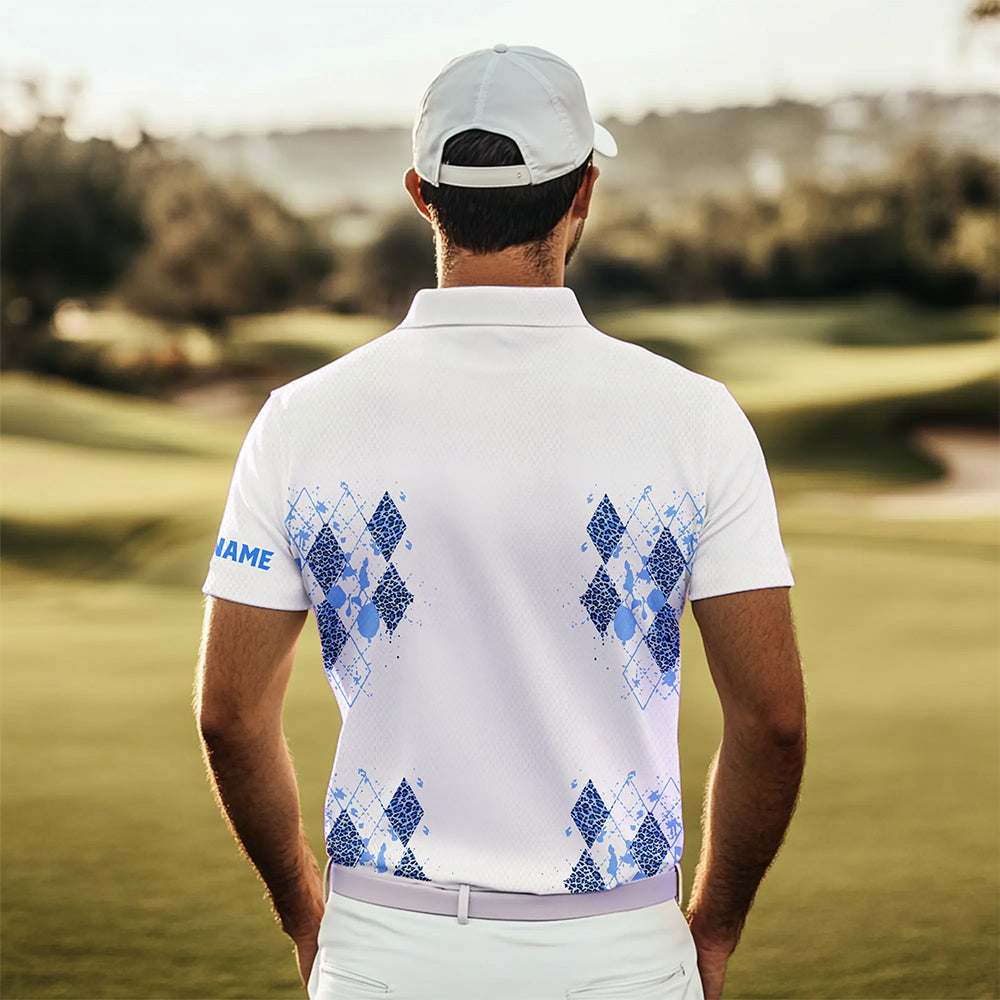Blue Leopard argyle pattern white Men golf polo shirts custom golf wear for men, unique golf gifts NQS9736