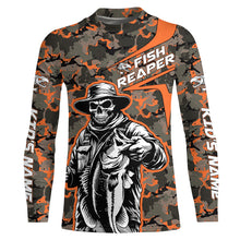 Load image into Gallery viewer, Custom Fish Reaper Skull Bass Long Sleeve Fishing Shirt, Bass Hunter Fishing Jerseys | Orange Camo IPHW6507