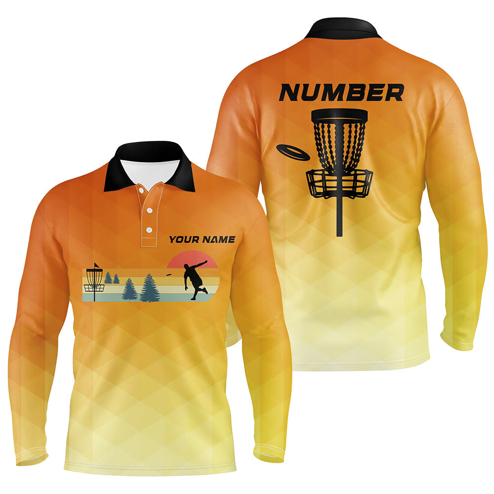 Orange gradient Retro disc golf polo shirts for men custom name and number disc golf jerseys NQS8779