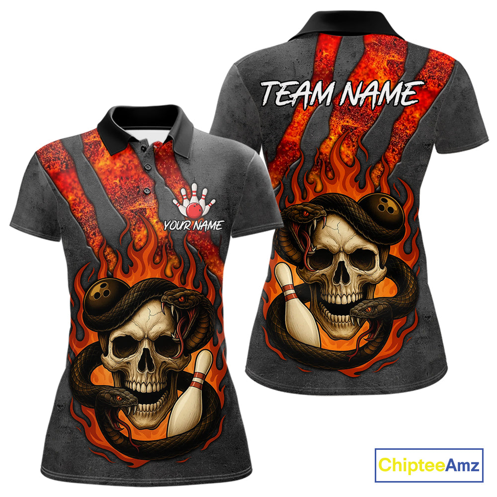 Red Flame Skull Snake Bowling Polo, Quarter Zip Shirts for Women Custom Team Bowling Jersey NQS10937