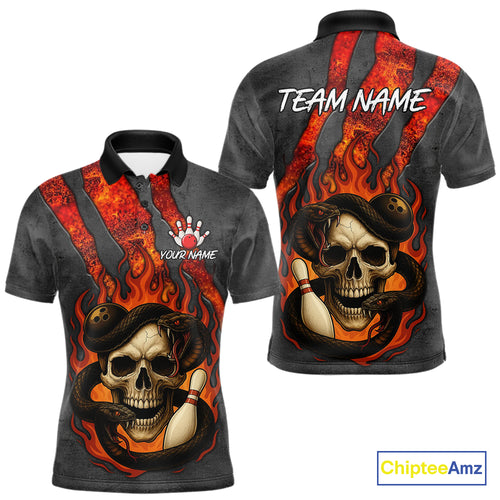 Red Flame Skull Snake Bowling Polo, Quarter Zip Shirts for Men Custom Team Bowling Jersey NQS10937