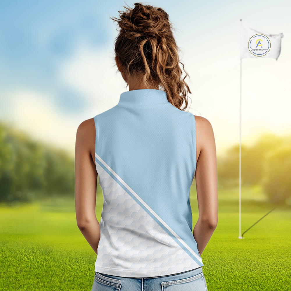 Light Blue and White Sleeveless Golf polo shirt Custom ladies's golf outfit, unique golf gifts NQS11112