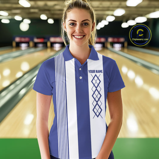 Blue and White Argyle Flame bowling Women Polo, 1/4 Quarter Zip Shirts Custom bowling team jerseys NQS11312