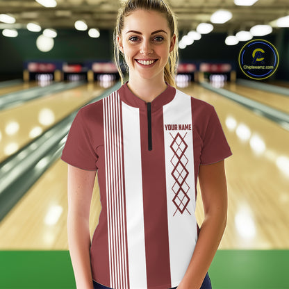 Red and White retro Argyle Flame bowling Women Polo, 1/4 Quarter Zip Shirt Custom bowling team jersey NQS11313