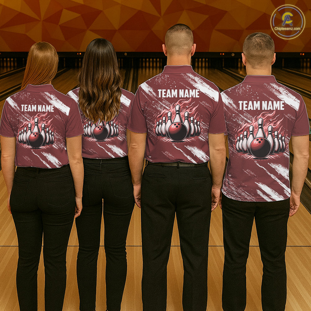 Red and White retro Argyle Flame bowling Women Polo, 1/4 Quarter Zip Shirt Custom bowling team jersey NQS11313