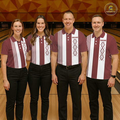 Red and White retro Argyle Flame bowling Women Polo, 1/4 Quarter Zip Shirt Custom bowling team jersey NQS11313
