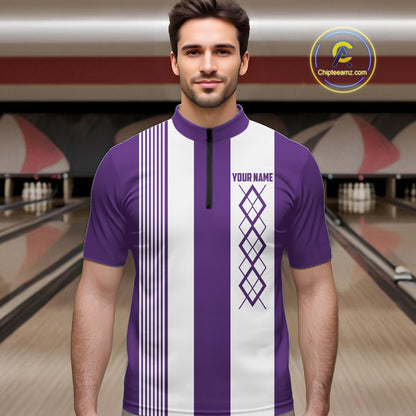 Purple & White retro Argyle Flame bowling Men Polo, 1/4 Quarter Zip Shirts Custom bowling team jersey NQS11314