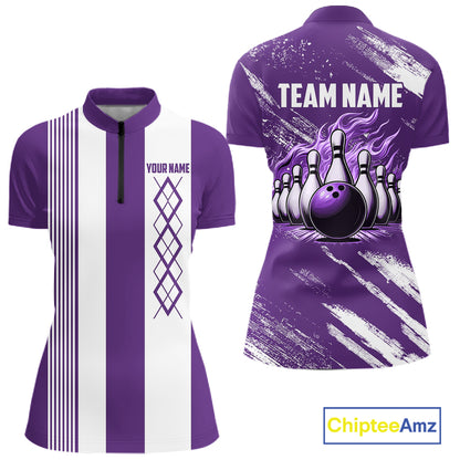 Purple & White retro Argyle Flame bowling Women Polo, 1/4 Zip Shirts Custom bowling team jersey NQS11314