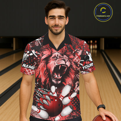 Red Camo Lion roar Bowling Hawaiian Shirt Custom Lion Bowling Team button up shirts NQS11523