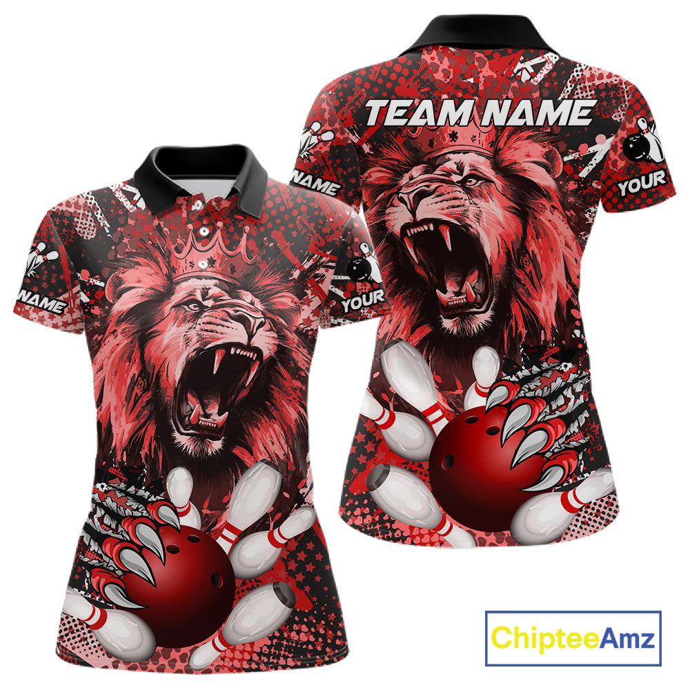 Red Camo Lion roar Bowling Polo, Quarter Zip Shirts for Women Custom Lion Bowling Team jerseys NQS11523