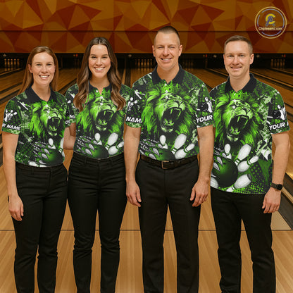Green Camo Lion roar Bowling Polo, Quarter Zip Shirts for Men Custom Lion Bowling Team jerseys NQS11524