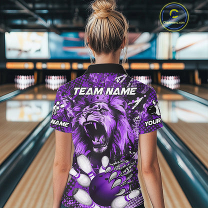 Purple Camo Lion roar Bowling Polo, Quarter Zip Shirts for Women Custom Lion Bowling Team jerseys NQS11525