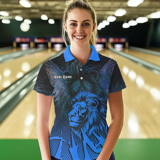 Black and Blue Lion Bowling Polo, Quarter Zip Shirts For Women Custom Team Lion Bowling Jerseys NQS9596