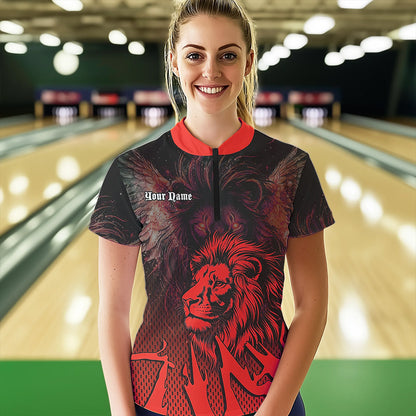 Black and Red Lion Bowling Polo, Quarter Zip Shirts For Women Custom Team Lion Bowling Jerseys NQS9598