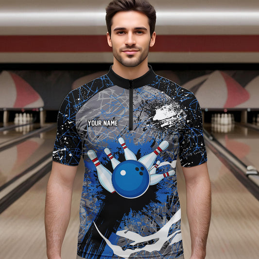 Personalized Black And Blue Camo Bowling Jerseys For Men Custom Bowling Team Polo, Quarter-Zip Shirts NQS9746