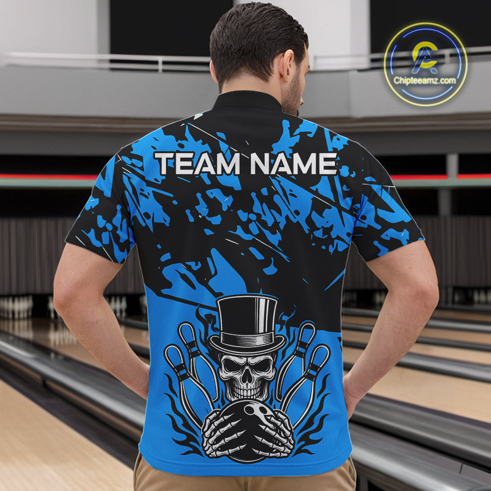 Black and Blue Camo Skull Bowling Polo, Quarter Zip Shirt for Men Custom Skull Team bowling jersey NQS10007