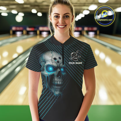 Black and Blue Skull Bowling Polo, Quarter Zip Shirts For Women Custom Bowling Team Jerseys Outfits NQS10171