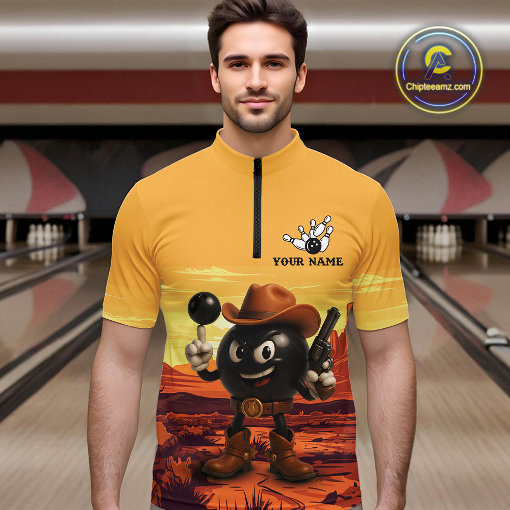 Funny Bowling Cowboy gun desert Mens Bowling Polo, 1/4 Zip Shirts Custom Funny bowling team jerseys NQS11127