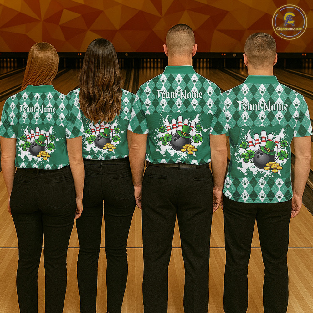 Argyle pattern St Patrick Green Bowling Polo, 1/4 zip shirts for Women Custom team bowling jerseys NQS11535