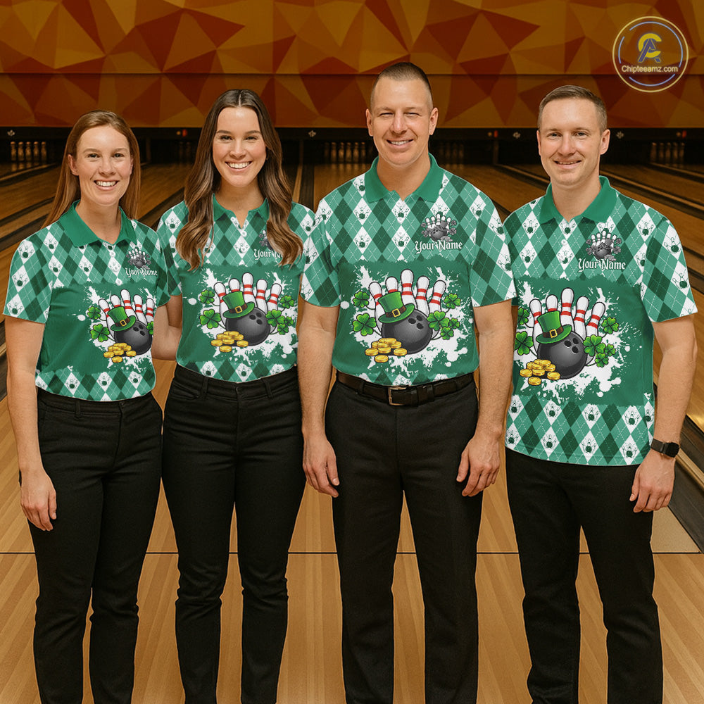 Argyle pattern St Patrick Green Bowling Polo, 1/4 zip shirts for Women Custom team bowling jerseys NQS11535