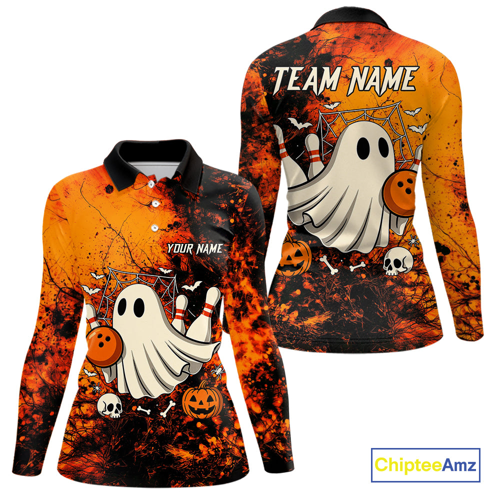 Custom Orange Boo Bowling Women Polo, Quarter Zip Shirts Bowling League Team Jersey Halloween Outfits NQS10523