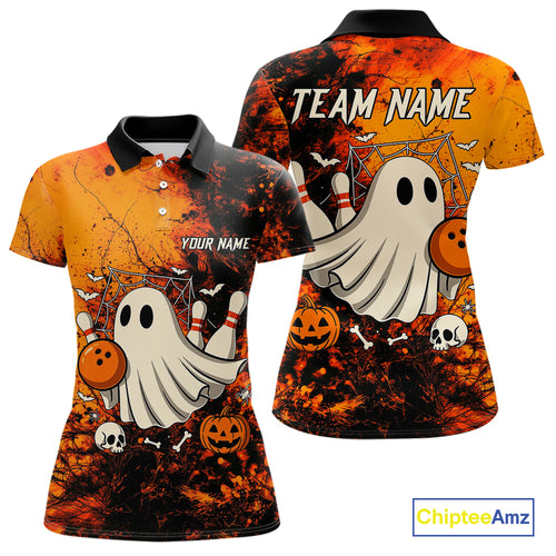 Custom Orange Boo Bowling Women Polo, Quarter Zip Shirts Bowling League Team Jersey Halloween Outfits NQS10523