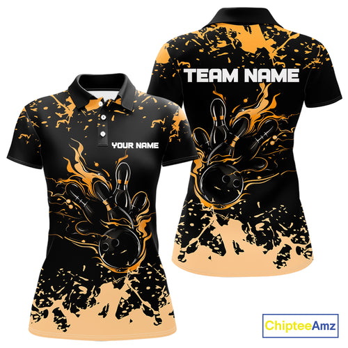 Personalized Black and Orange Bowling Shirts For Women, Bowling Balls And Pins Bowling Team Shirts NQS10743