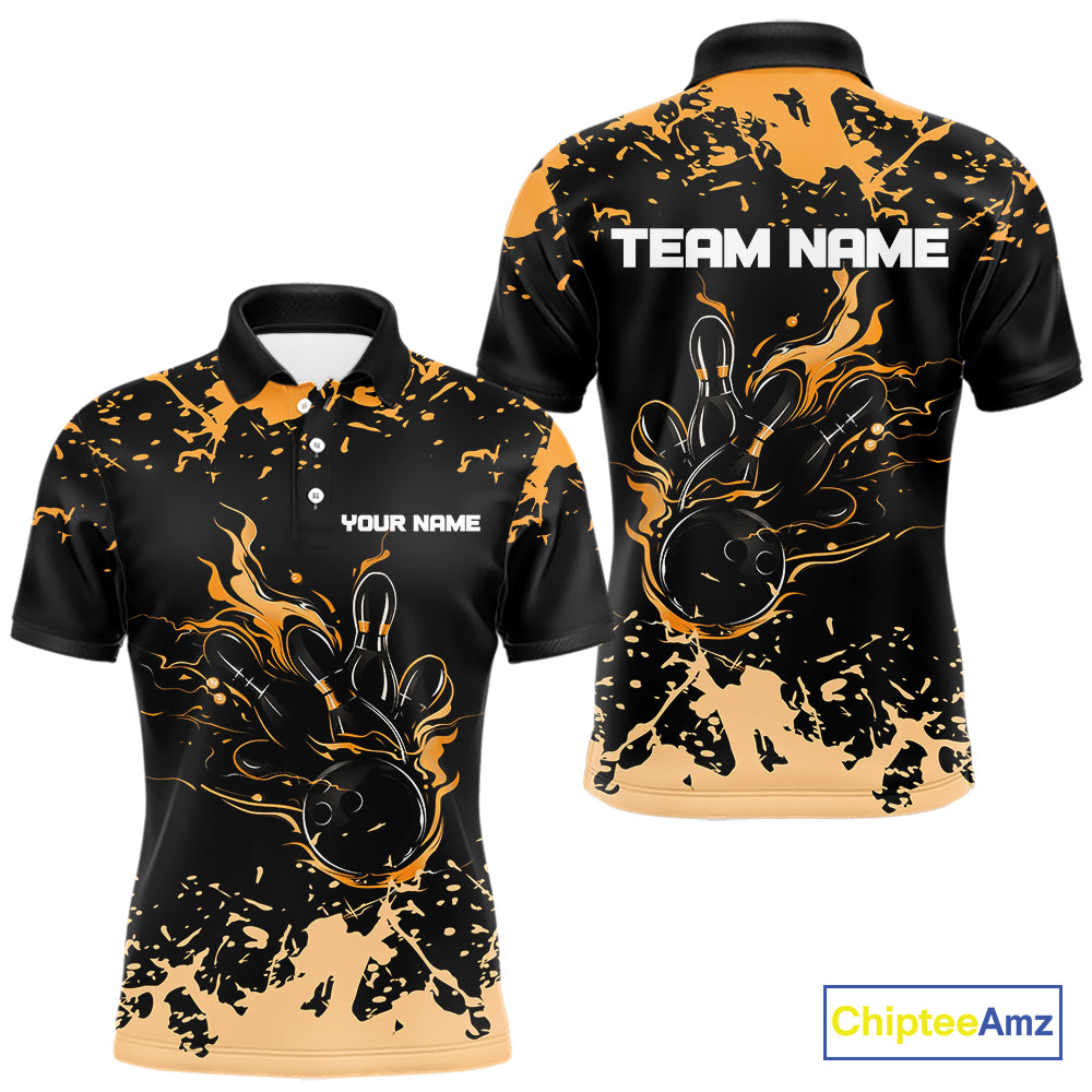 Personalized Black and Orange Bowling Shirts For Men, Bowling Balls And Pins Bowling Team Shirts NQS10743