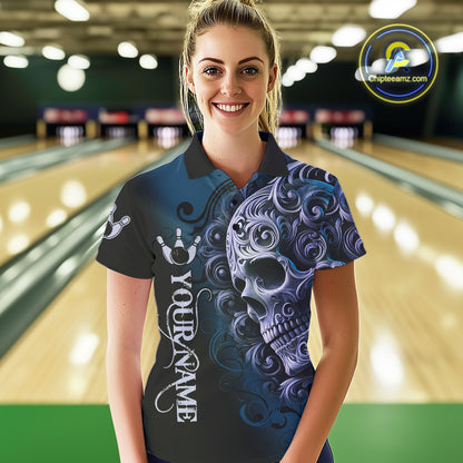 Blue and Black Skull Scroll Women Bowling Polo, Quarter Zip Shirts Custom Skull Team bowling Jersey NQS10939