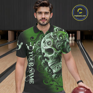 Green and Black Skull Scroll Men Bowling Polo, Quarter Zip Shirts Custom Skull Team bowling Jersey NQS10940
