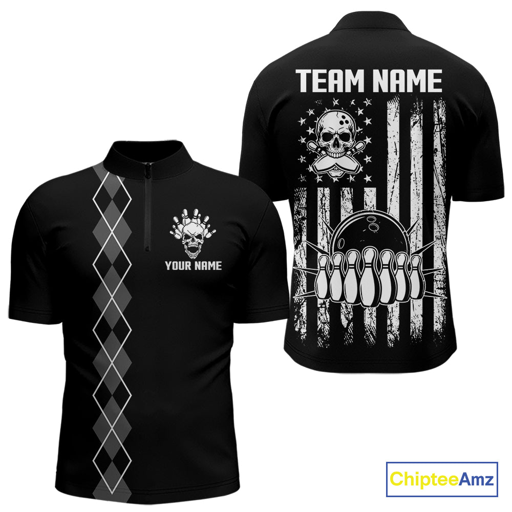 Custom Black and White argyle American Flag Skull retro Mens Bowling Shirts patriotic Team Jerseys NQS11131