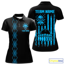 Load image into Gallery viewer, Custom Black and Blue argyle American Flag Skull retro Womens Bowling Shirts patriotic Team Jerseys NQS11132