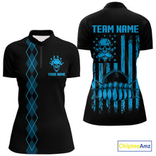 Load image into Gallery viewer, Custom Black and Blue argyle American Flag Skull retro Womens Bowling Shirts patriotic Team Jerseys NQS11132