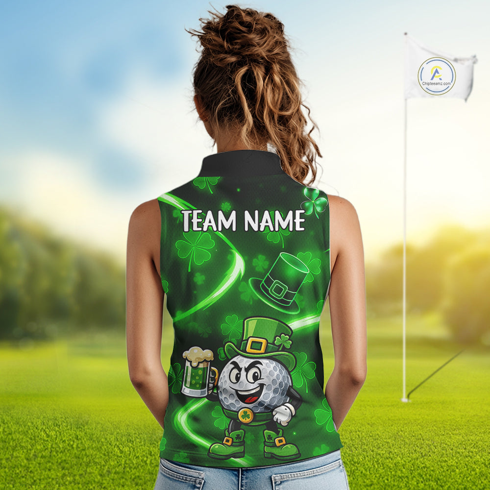 Green shamrock pattern Funny Sleeveless polo shirt Custom St Patrick's Day Lucky ladies golf outfit NQS11134