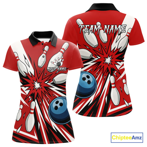 Custom Red Bowling Polo, Quarter Zip Shirts For Women, Team Bowling Uniforms League Shirts NQS11135