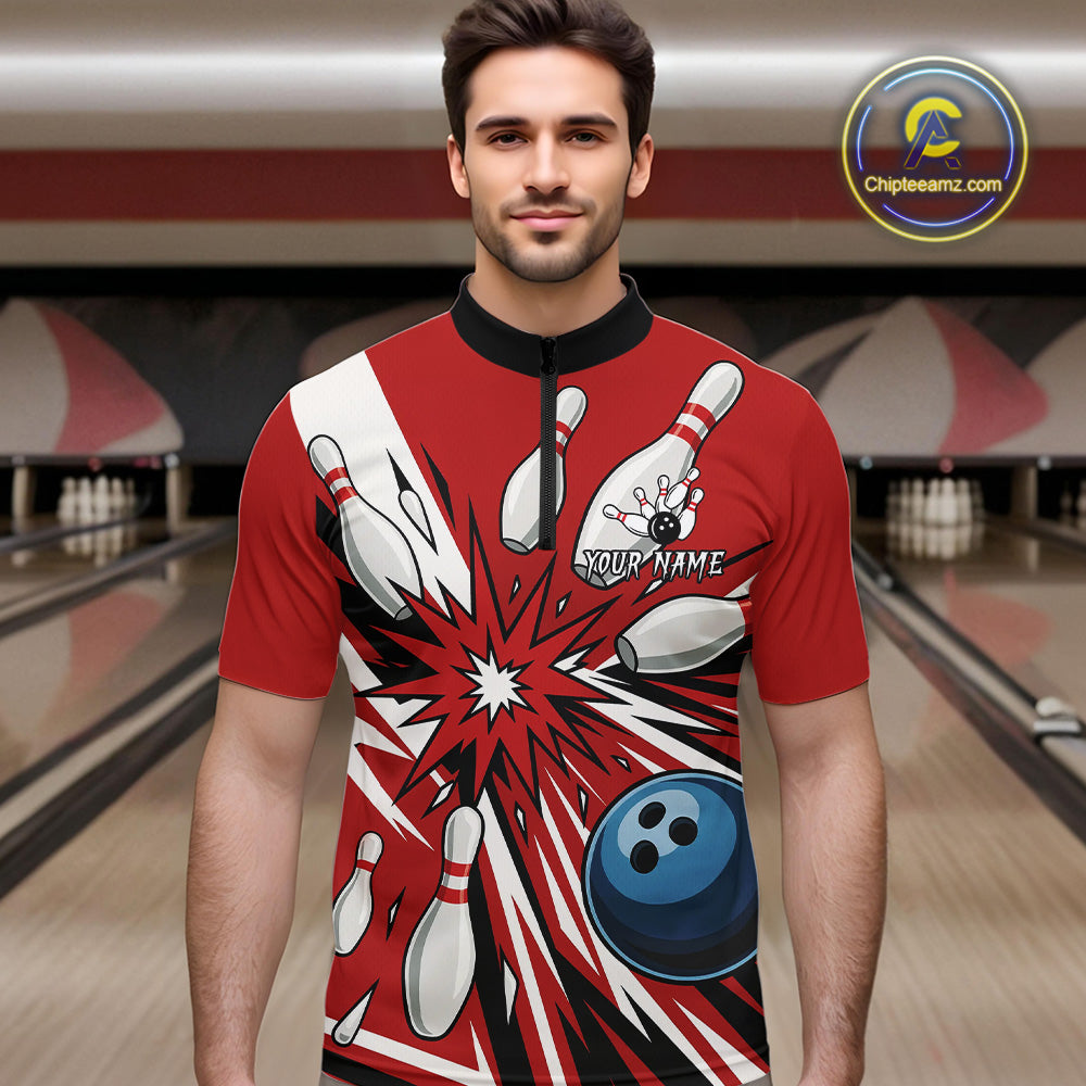 Custom Red Bowling Polo, Quarter Zip Shirts For Men, Team Bowling Uniforms League Shirts NQS11135