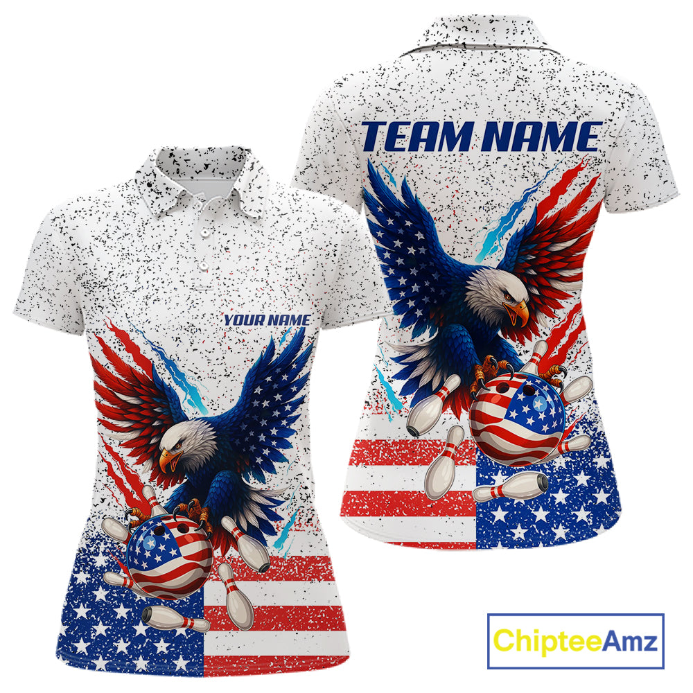Grunge American Flag Eagle Bowling Polo, 1/4 Zip Shirt For Women Custom patriotic Team Bowling jersey NQS11327