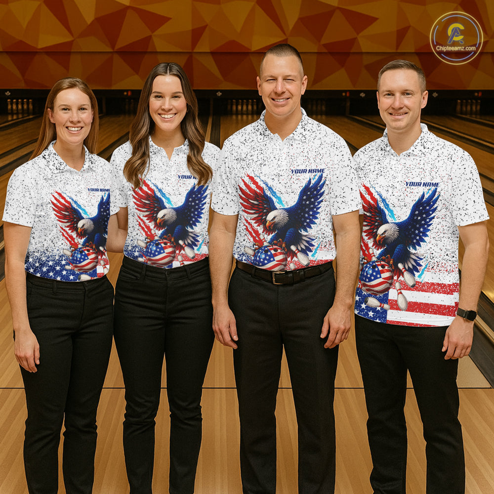 Grunge American Flag Eagle Bowling Polo, 1/4 Zip Shirt For Men Custom patriotic Team Bowling jerseys NQS11327