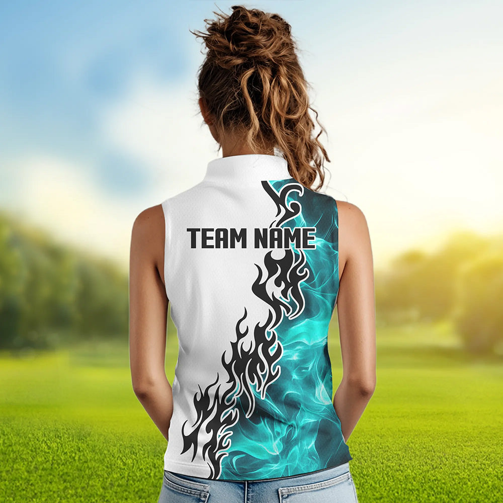Blue Turquoise Flame pattern Black White Womens sleeveless polo shirts custom golf attire for women NQS9436