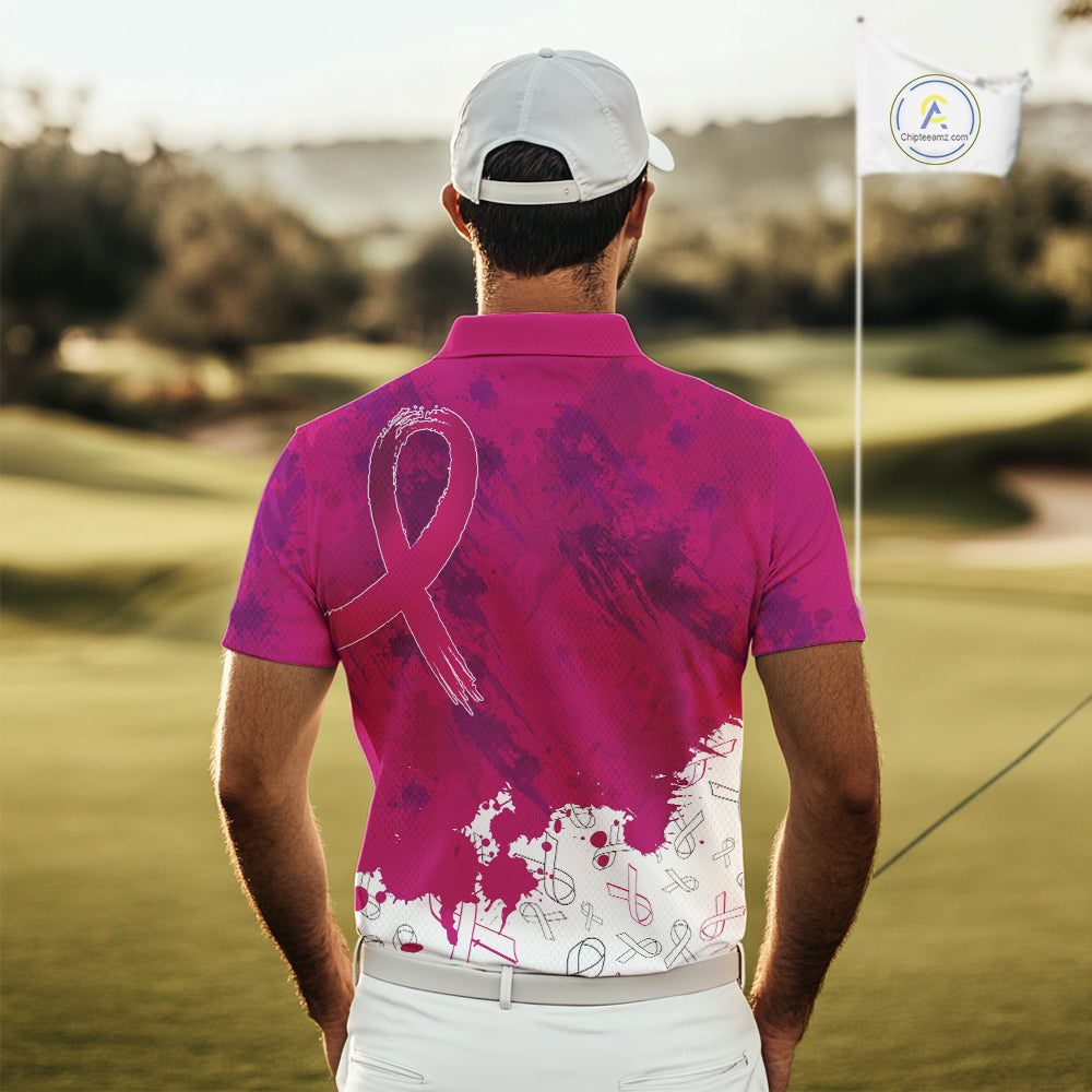 Pink Ribbons pattern Mens golf polo shirts custom men's breast cancer awareness polo shirts NQS10319