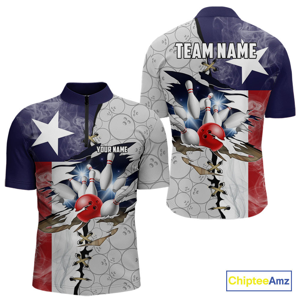 Smoke Texas Flag Gray Camo Bowling Polo, 1/4 Zip shirt for men Custom patriotic Team bowling jersey NQS10532