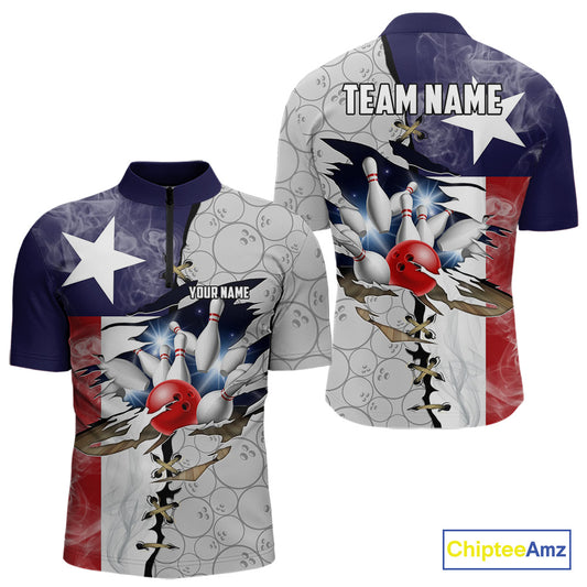 Smoke Texas Flag Gray Camo Bowling Polo, 1/4 Zip shirt for men Custom patriotic Team bowling jersey NQS10532