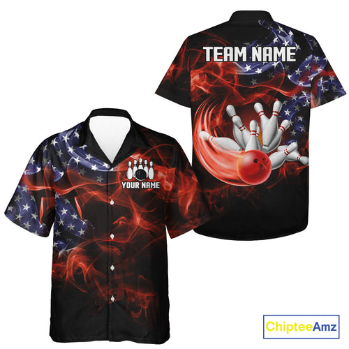 Personalized US Flag Smoke Bowling Hawaiian Shirts Custom Patriotic Team Bowling Jerseys NQS11136