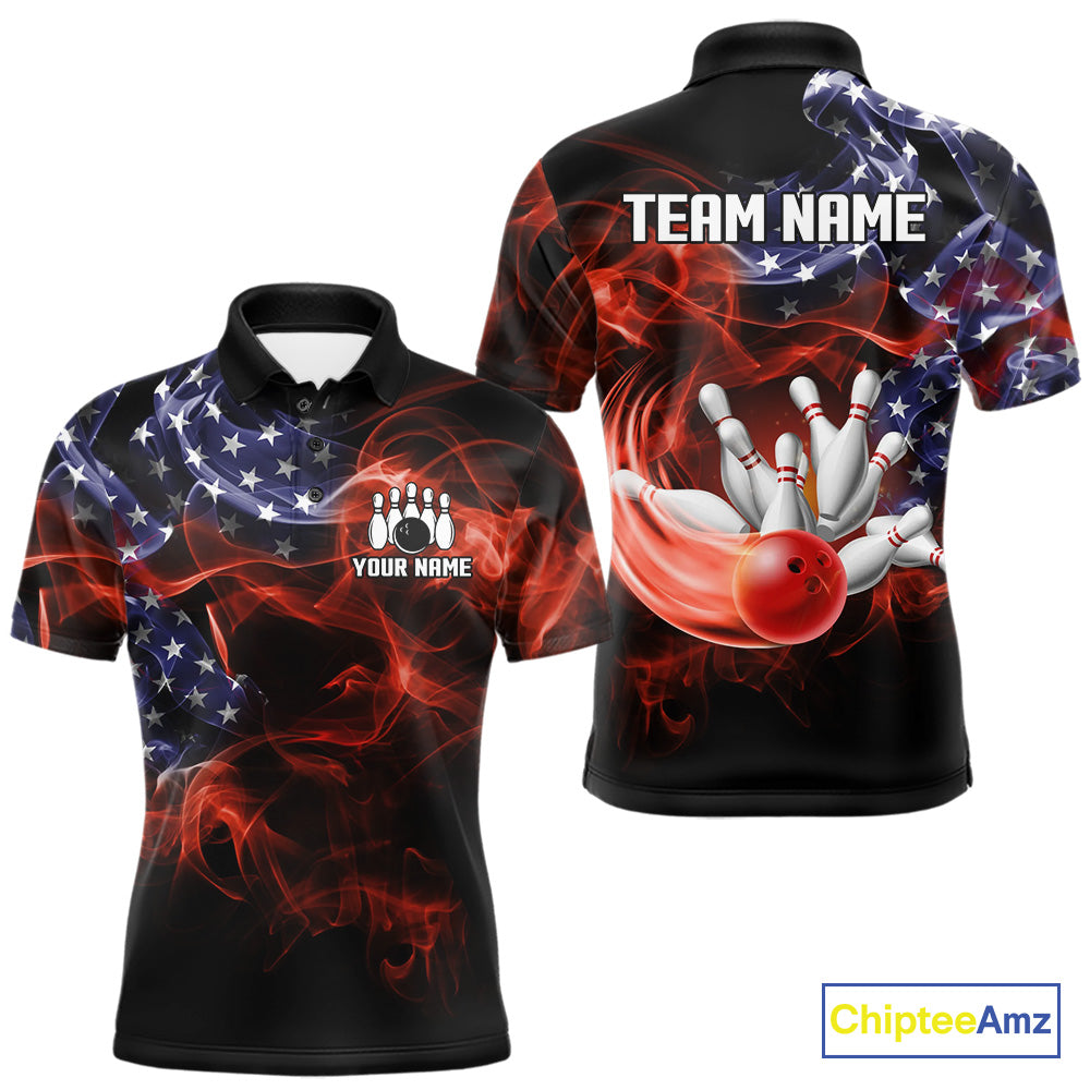 Personalized US Flag Smoke Bowling Shirts For Men Custom Patriotic Team Bowling Jerseys NQS11136