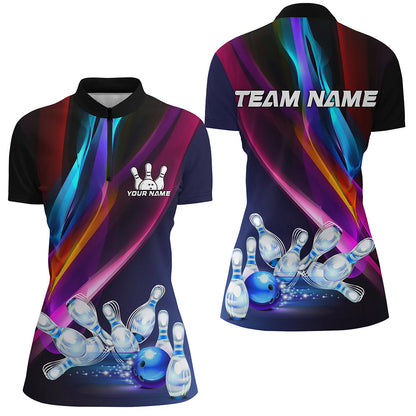 Colorful Lights Bowling Team jersey Custom Bowling Polo, Quarter Zip Shirt For Women, gift for bowlers NQS7939