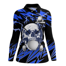 Load image into Gallery viewer, Blue lightning thunder golf skull Womens golf polo shirts custom ladies golf attire, cool golf gifts NQS8131