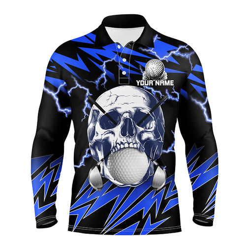 Blue lightning thunder golf skull Mens golf polo shirts custom mens golf attire, cool golf gifts NQS8131