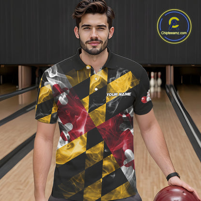 Smoke Maryland Flag Black Bowling Polo, 1/4 Zip shirt for men Custom patriotic Team bowling jersey NQS10322