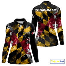 Load image into Gallery viewer, Smoke Maryland Flag Black Bowling Polo, 1/4 Zip shirt for Women Custom patriotic Team bowling jersey NQS10322