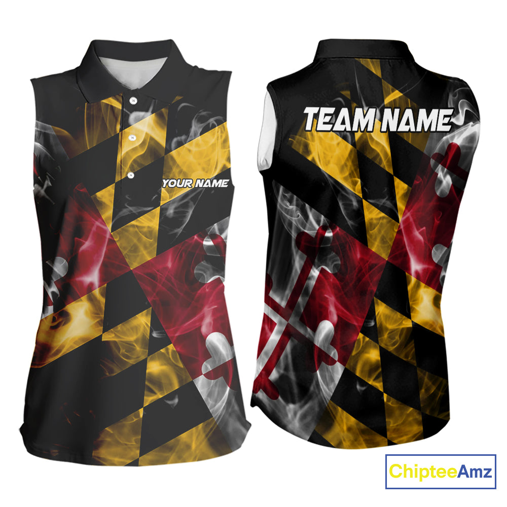 Smoke Maryland Flag Black Bowling Sleeveless Polo shirt Custom patriotic Team bowling jersey NQS10322